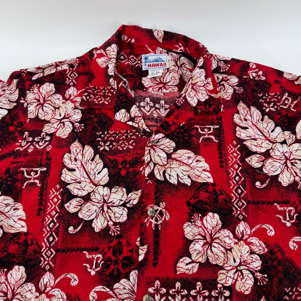 Hawaii Vintage Mens Red Hibiscus Tropical Cotton Aloha Shirt Made‎ in USA Large
